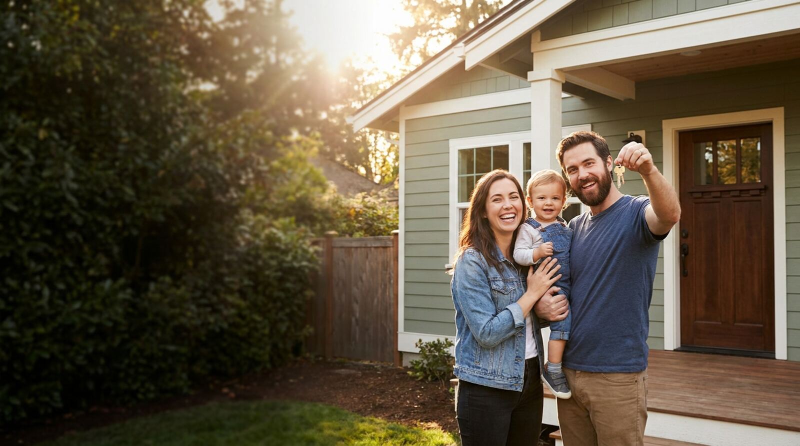 A smiling young family standing in front of their home